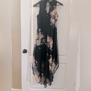 Black Floral High Low V-Neck Halter Dress